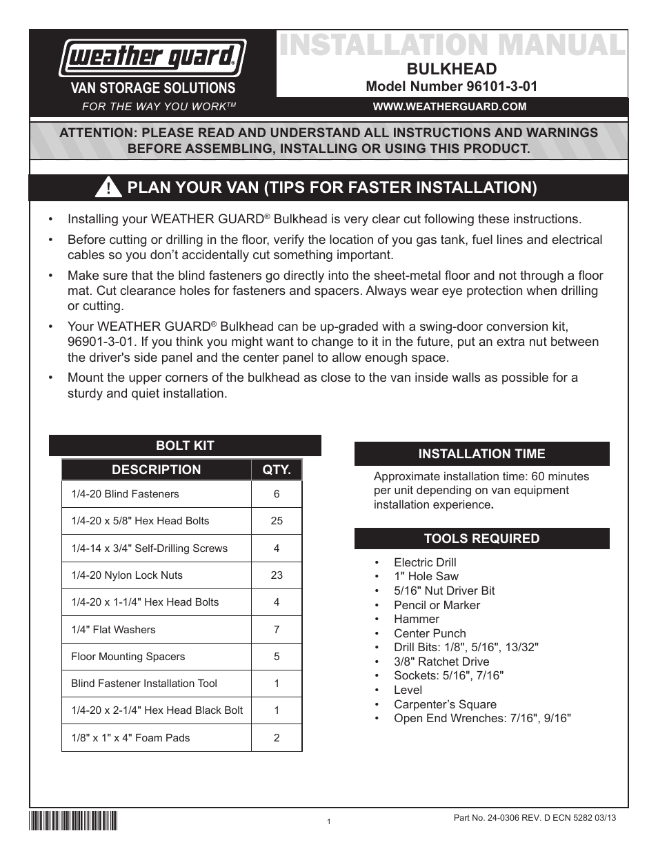 WEATHER GUARD Model 96102-3-01 Screen Bulkhead, Full-Size, Ford, GM User Manual | 24 pages