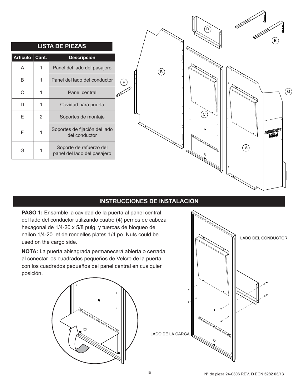 Instrucciones de instalación, Lista de piezas | WEATHER GUARD Model 96102-3-01 Screen Bulkhead, Full-Size, Ford, GM User Manual | Page 10 / 24