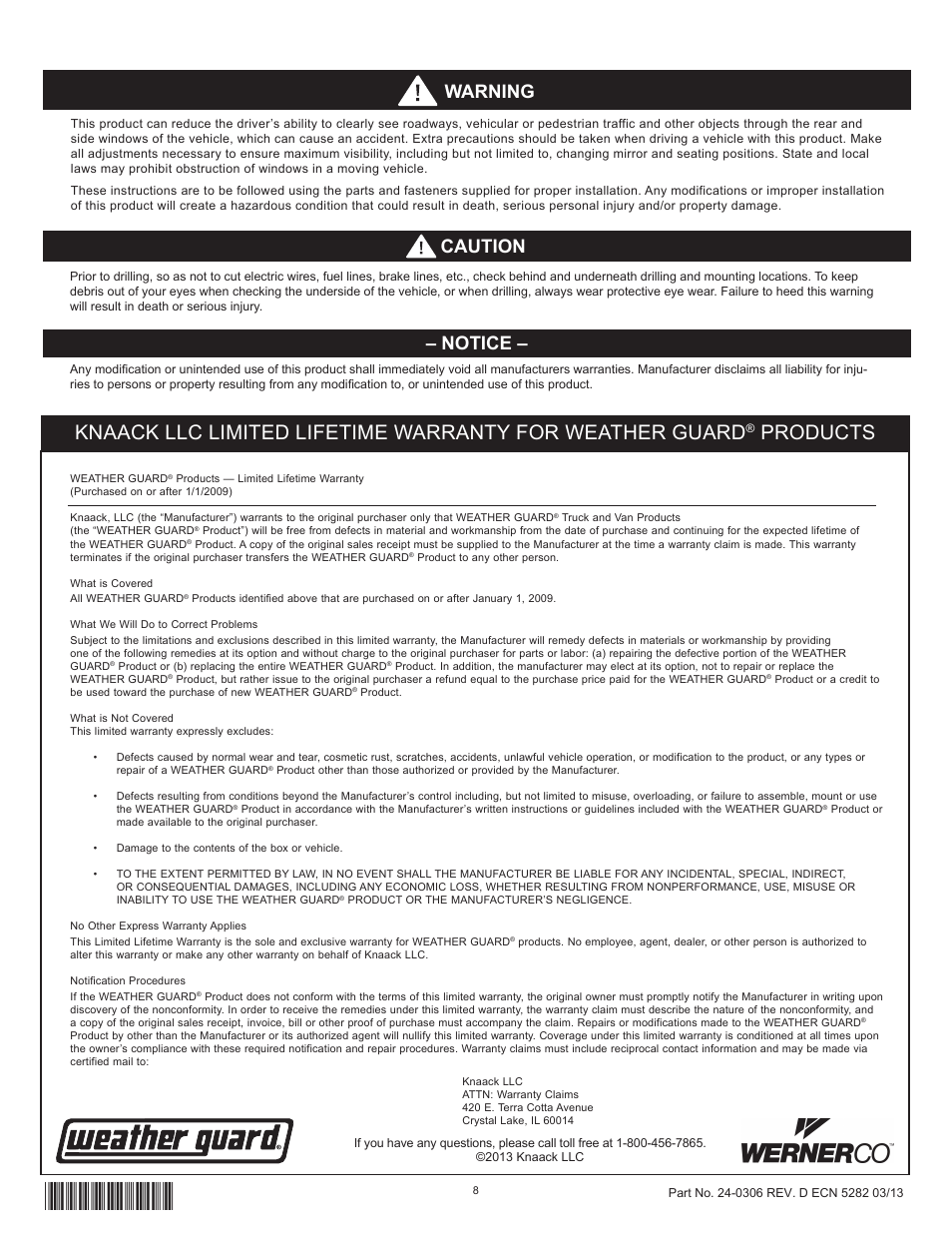 Products, Notice, Caution warning | WEATHER GUARD Model 96102-3-01 Screen Bulkhead, Full-Size, Ford, GM User Manual | Page 8 / 24