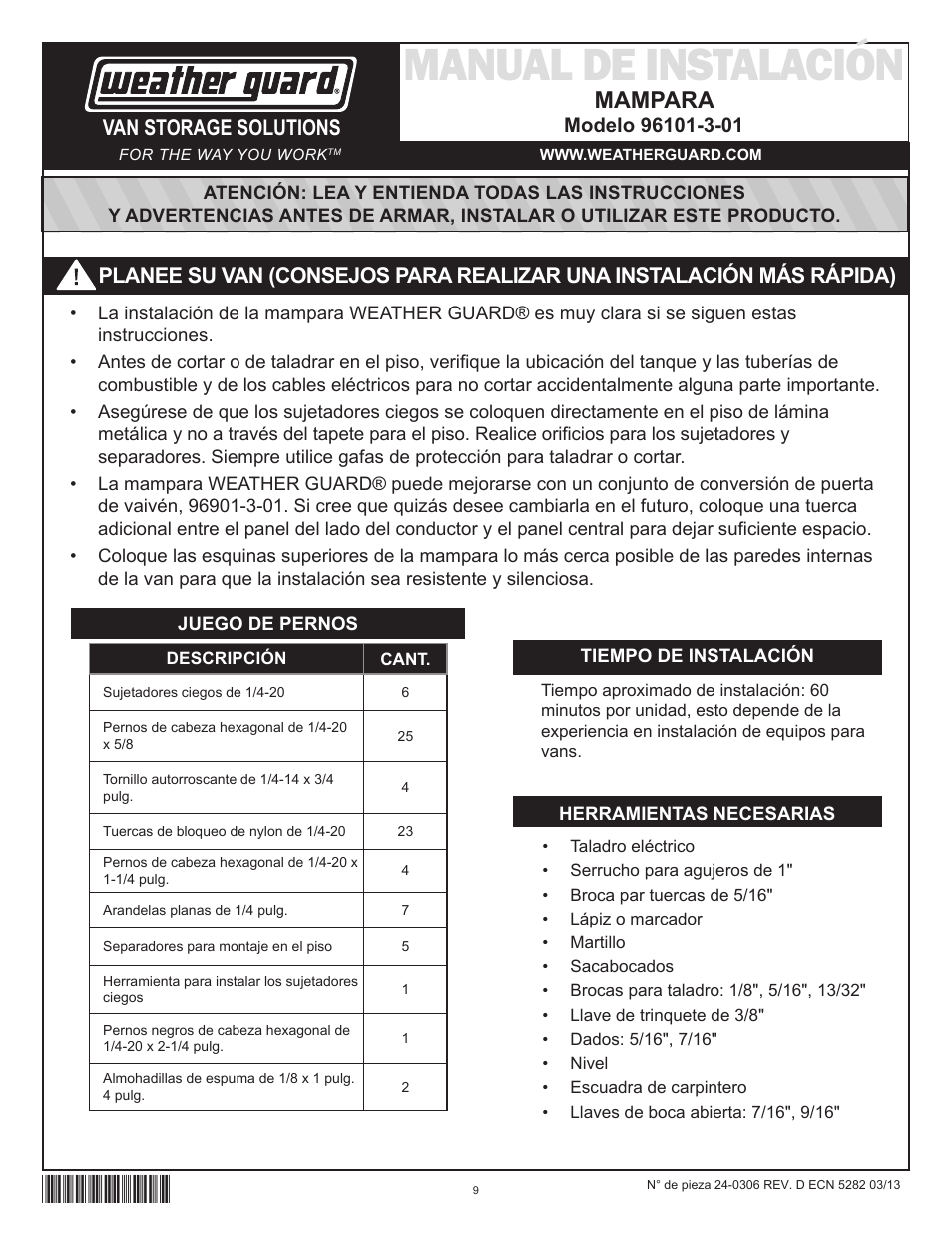 Manual de instalación, Mampara, Van storage solutions | WEATHER GUARD Model 96102-3-01 Screen Bulkhead, Full-Size, Ford, GM User Manual | Page 9 / 24