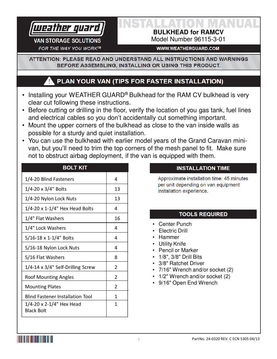 WEATHER GUARD Model 96115-3-01 Mesh Bulkhead, Compact, RAM CV User Manual | 4 pages
