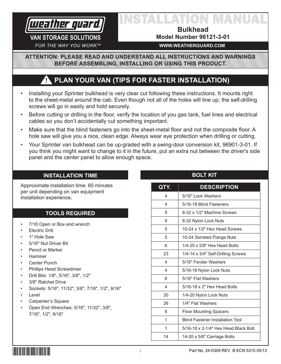 WEATHER GUARD Model 96121-3-01 Window Bulkhead, Mid/High-Roof, Mercedes-Benz Sprinter User Manual | 27 pages