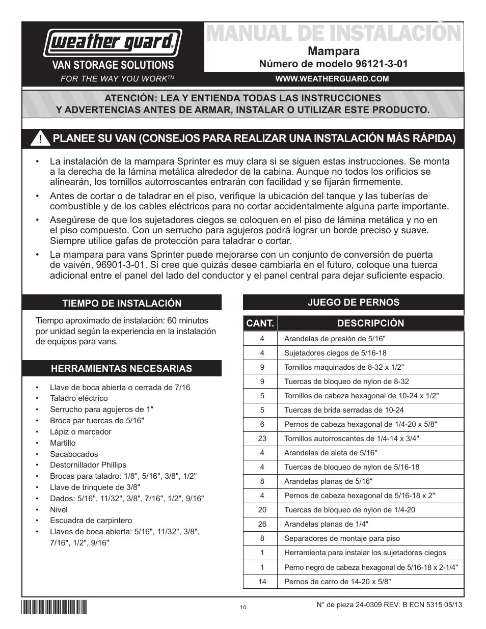 Manual de instalación, Mampara, Van storage solutions | WEATHER GUARD Model 96121-3-01 Window Bulkhead, Mid/High-Roof, Mercedes-Benz Sprinter User Manual | Page 10 / 27