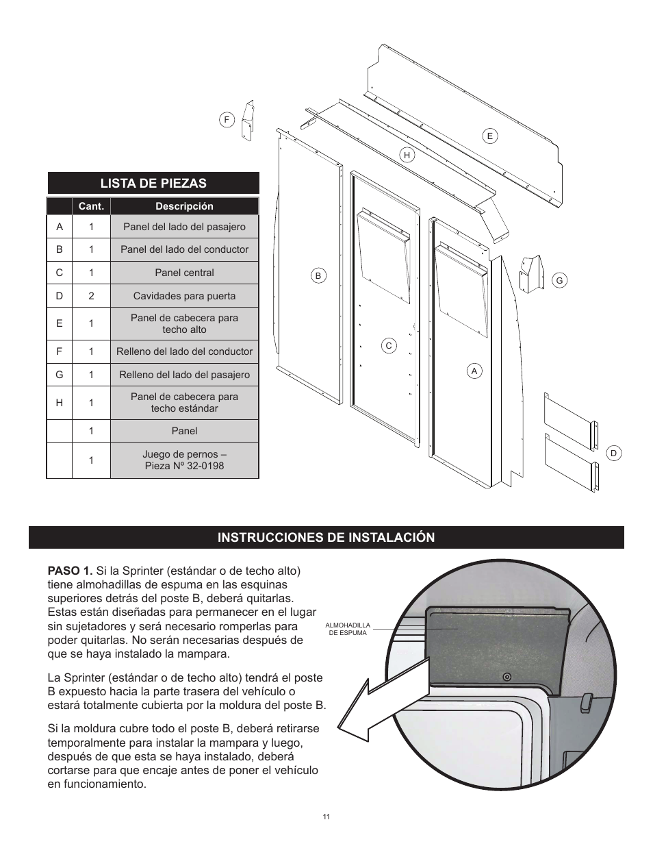 Instrucciones de instalación, Lista de piezas | WEATHER GUARD Model 96121-3-01 Window Bulkhead, Mid/High-Roof, Mercedes-Benz Sprinter User Manual | Page 11 / 27