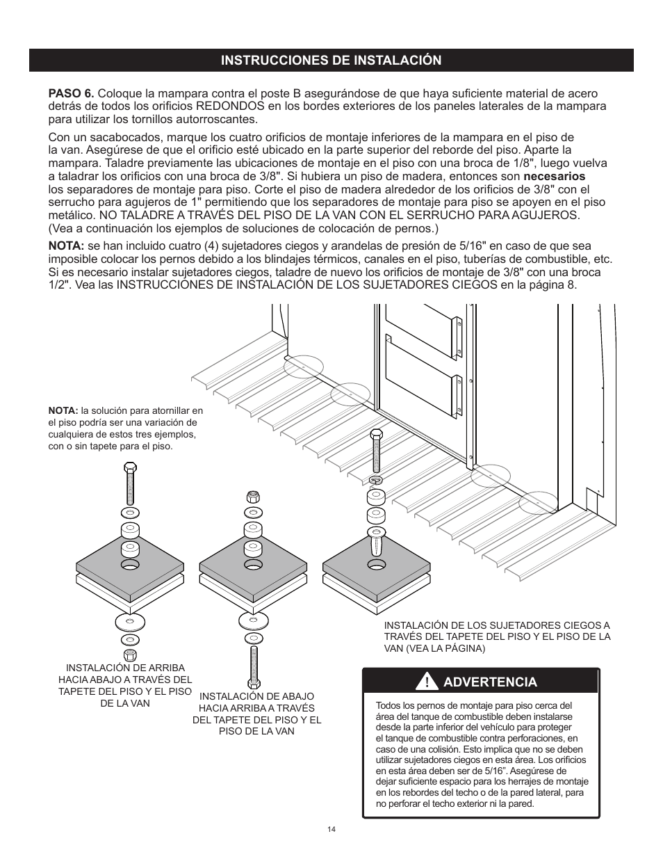 Instrucciones de instalación, Advertencia | WEATHER GUARD Model 96121-3-01 Window Bulkhead, Mid/High-Roof, Mercedes-Benz Sprinter User Manual | Page 14 / 27