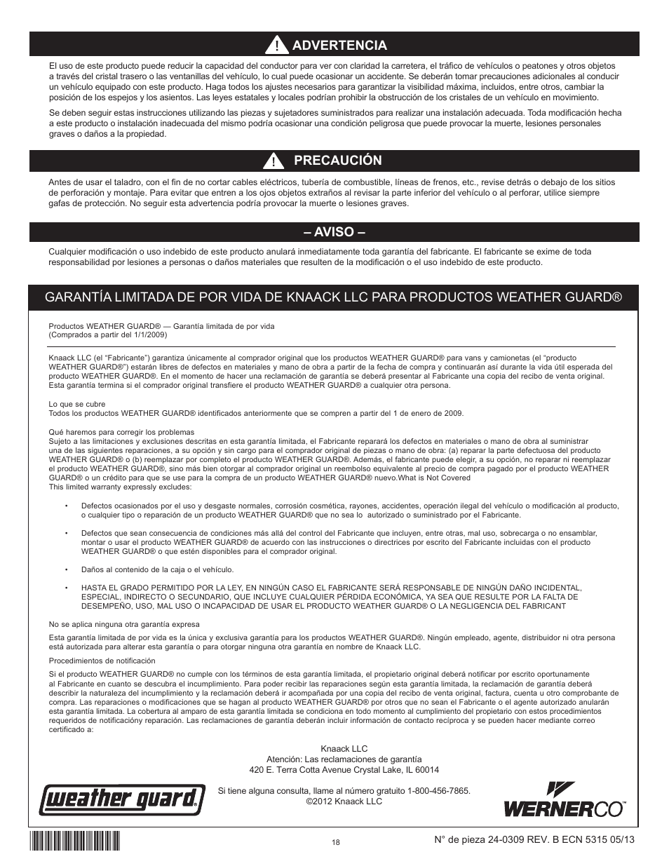 Aviso, Precaución advertencia | WEATHER GUARD Model 96121-3-01 Window Bulkhead, Mid/High-Roof, Mercedes-Benz Sprinter User Manual | Page 18 / 27