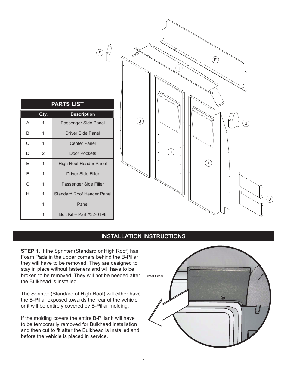 Installation instructions, Parts list | WEATHER GUARD Model 96121-3-01 Window Bulkhead, Mid/High-Roof, Mercedes-Benz Sprinter User Manual | Page 2 / 27