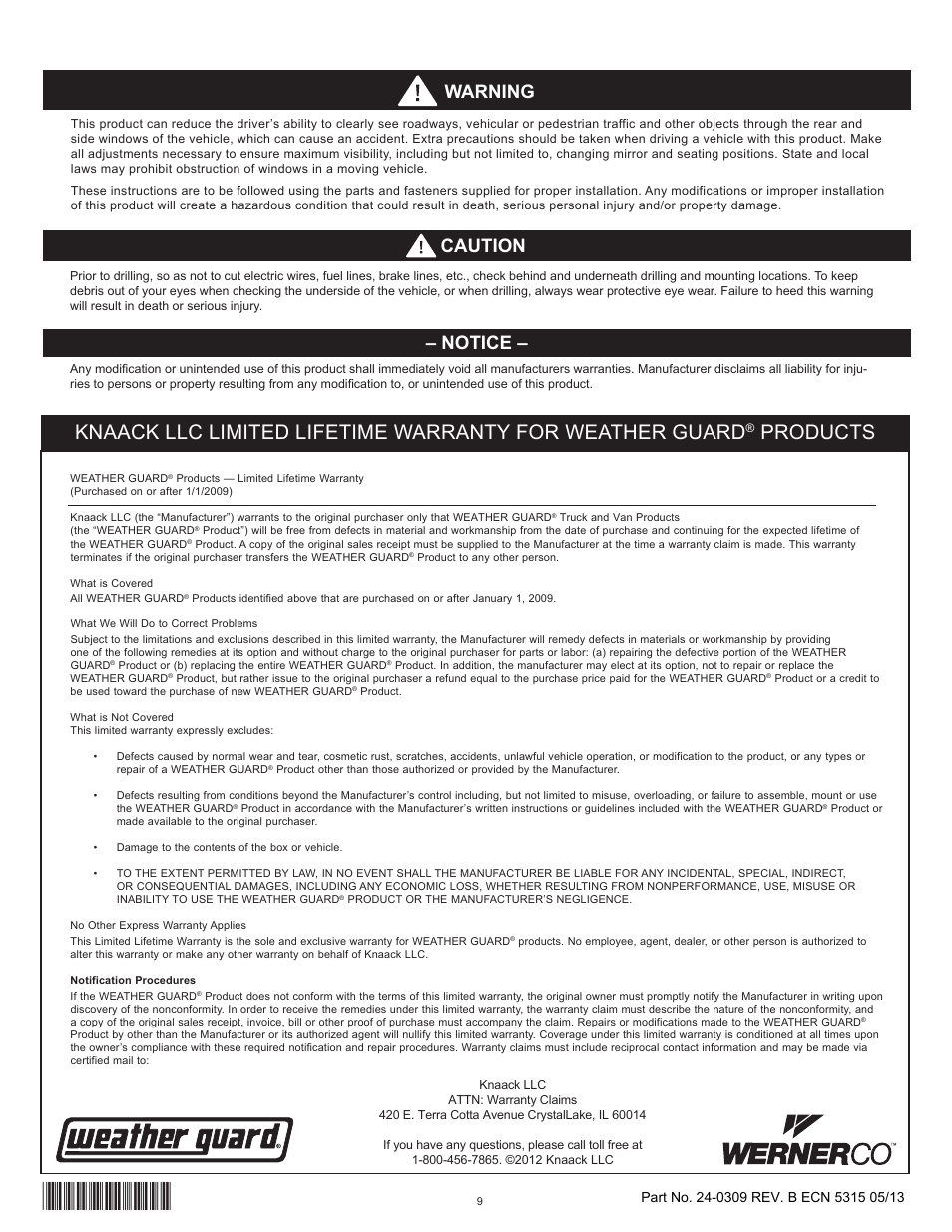 Products, Notice, Caution warning | WEATHER GUARD Model 96121-3-01 Window Bulkhead, Mid/High-Roof, Mercedes-Benz Sprinter User Manual | Page 9 / 27