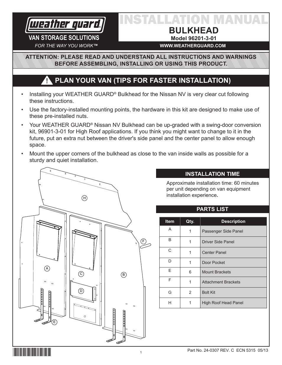 WEATHER GUARD Model 96201-3-01 Window Bulkhead, Mid/High-Roof, Nissan NV User Manual | 27 pages