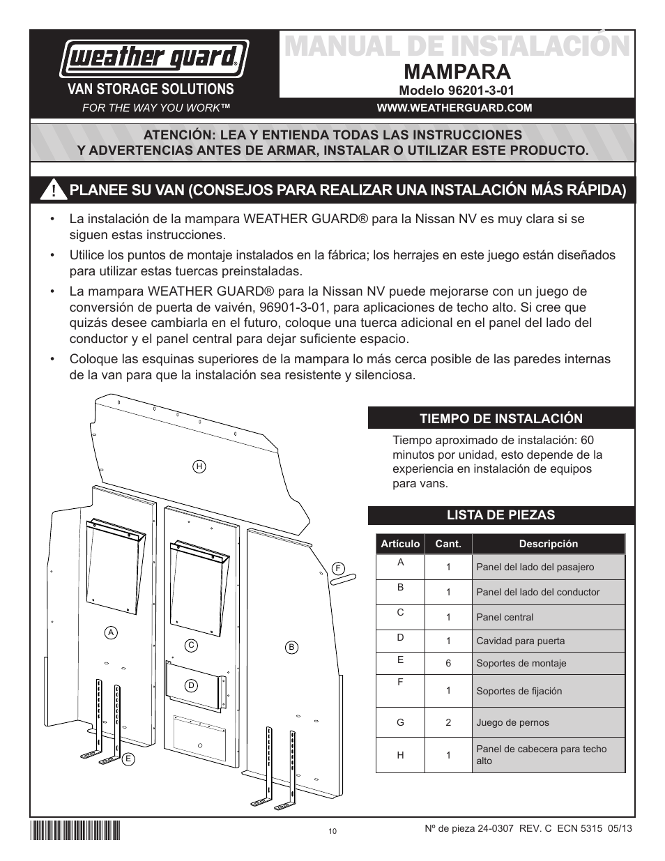 Manual de instalación, Mampara, Van storage solutions | WEATHER GUARD Model 96201-3-01 Window Bulkhead, Mid/High-Roof, Nissan NV User Manual | Page 10 / 27