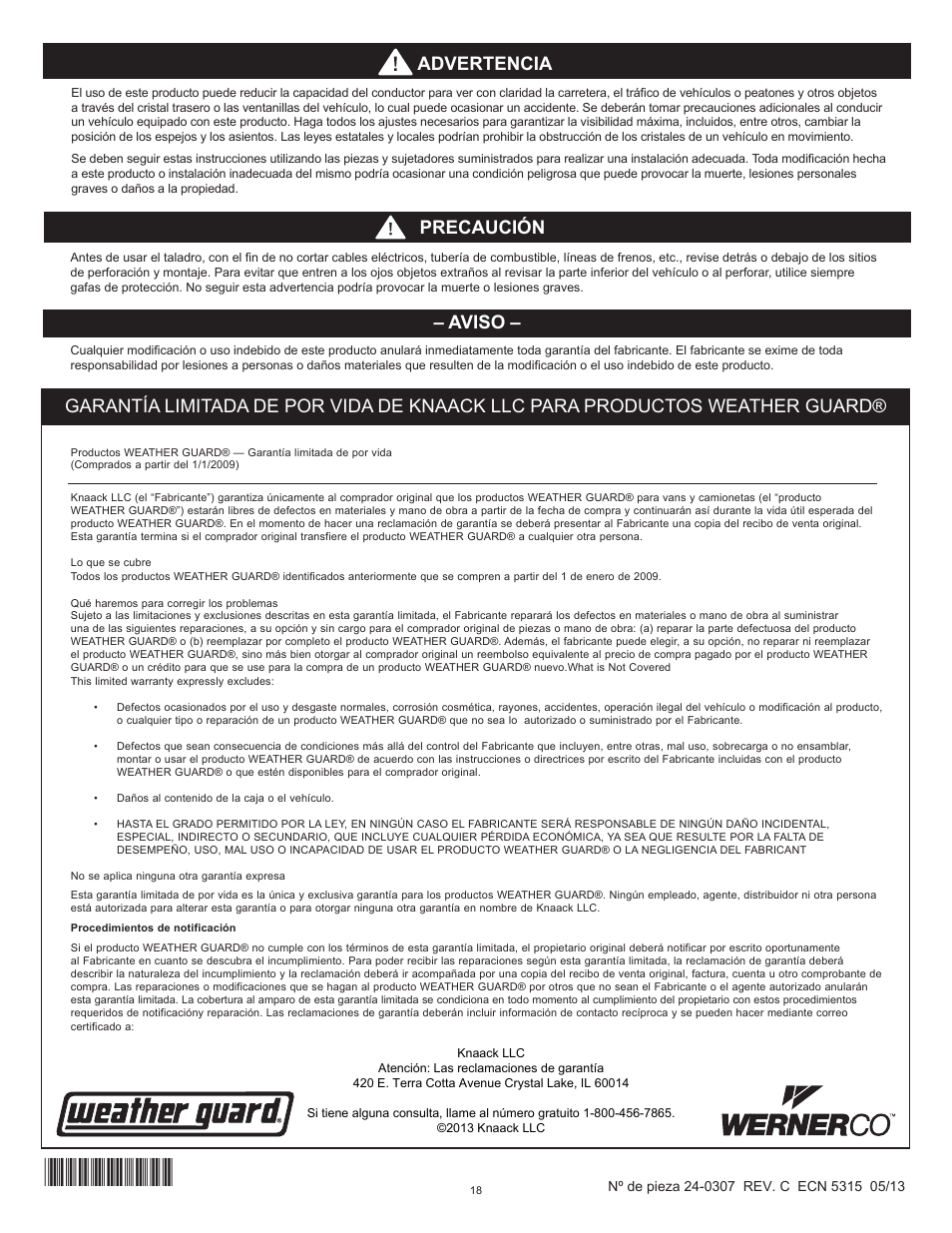 Aviso, Precaución advertencia | WEATHER GUARD Model 96201-3-01 Window Bulkhead, Mid/High-Roof, Nissan NV User Manual | Page 18 / 27
