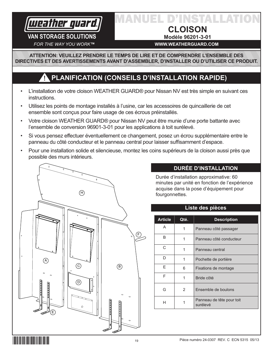 Manuel d’installation, Cloison, Planification (conseils d’installation rapide) | Van storage solutions | WEATHER GUARD Model 96201-3-01 Window Bulkhead, Mid/High-Roof, Nissan NV User Manual | Page 19 / 27