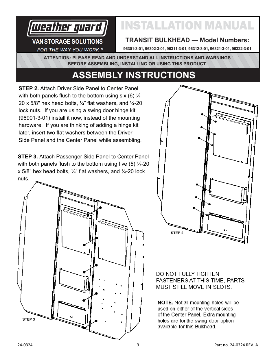Installation manual, Assembly instructions | WEATHER GUARD Model 96322-3-01 Mesh Bulkhead, High-Roof, Ford Transit User Manual | Page 3 / 7