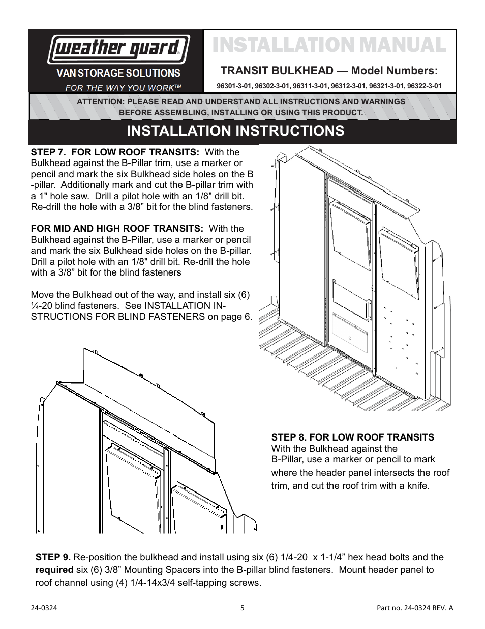 Installation manual, Installation instructions, Transit bulkhead — model numbers | WEATHER GUARD Model 96322-3-01 Mesh Bulkhead, High-Roof, Ford Transit User Manual | Page 5 / 7