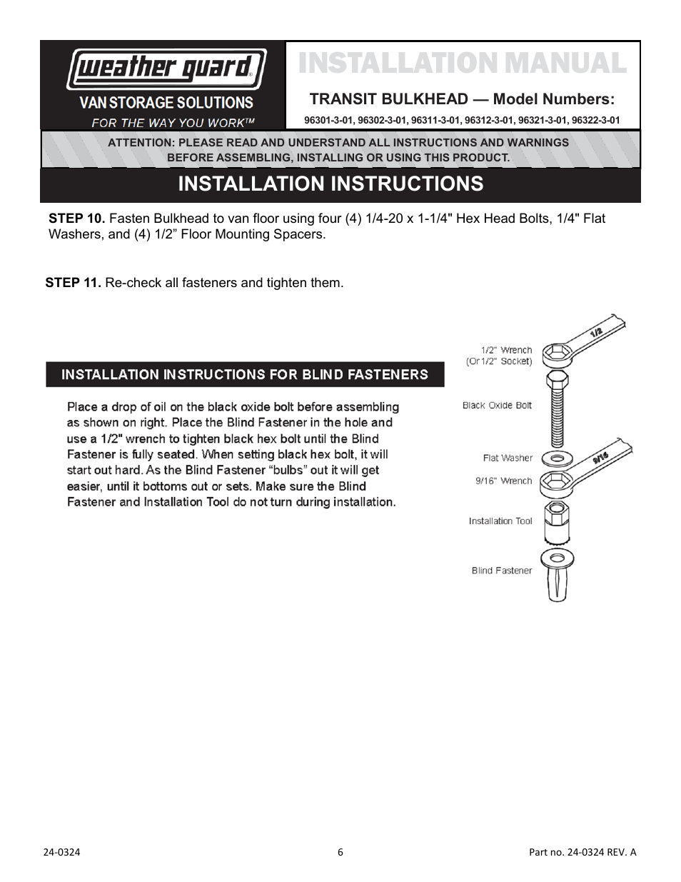 Installation manual, Installation instructions | WEATHER GUARD Model 96322-3-01 Mesh Bulkhead, High-Roof, Ford Transit User Manual | Page 6 / 7