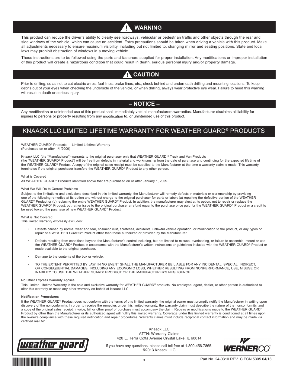 Products, Notice, Caution warning | WEATHER GUARD Model 96901-3-01 Swing Door Conversion Kit User Manual | Page 3 / 3