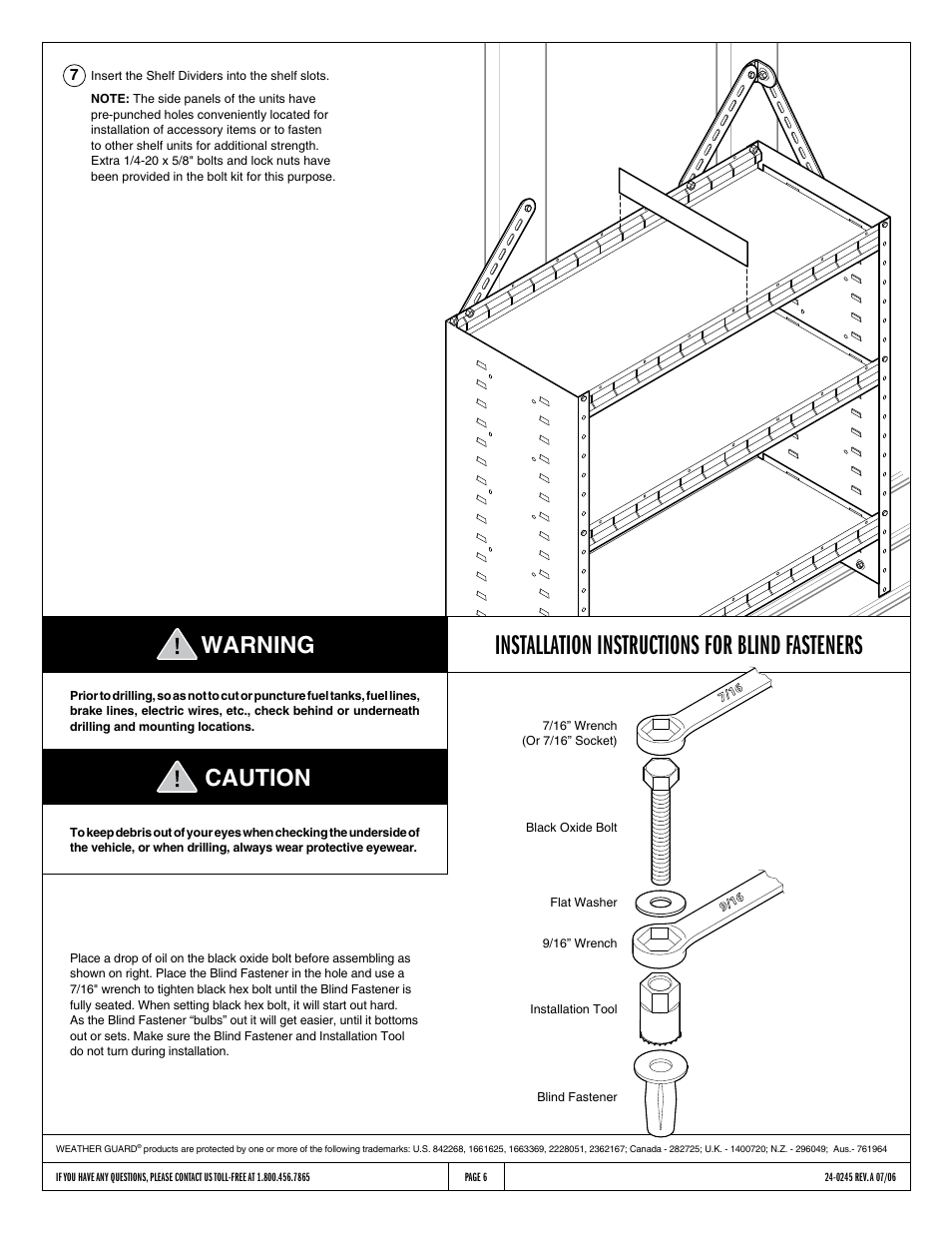 Installation instructions for blind fasteners, Warning caution | WEATHER GUARD Model 8395-3-01 Jumbo Shelf, 59-1/2 in x 69-1/4 in x 24 in User Manual | Page 6 / 6