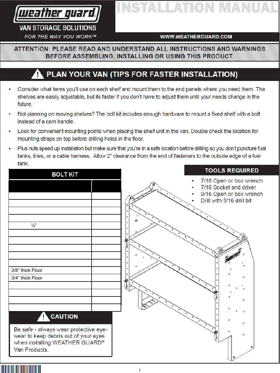 WEATHER GUARD Model 9395-3-02 Secure Storage Shelf Unit, 5 Drawer, 62 in x 42 in x 16 in User Manual | 8 pages