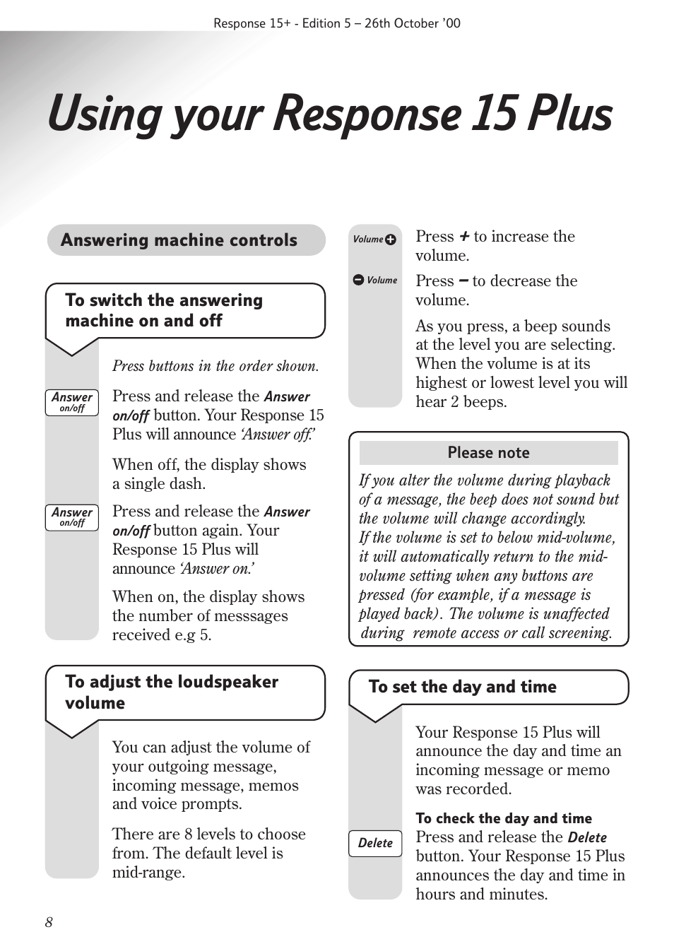 Using your response 15 plus | BT Response 15+ User Manual | Page 10 / 26