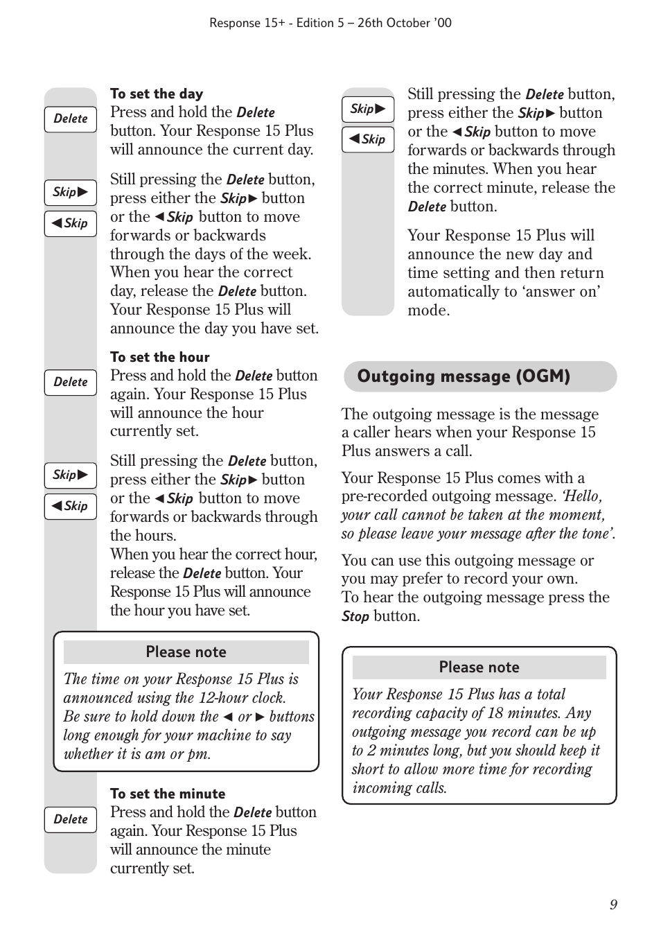 Outgoing message (ogm) | BT Response 15+ User Manual | Page 11 / 26