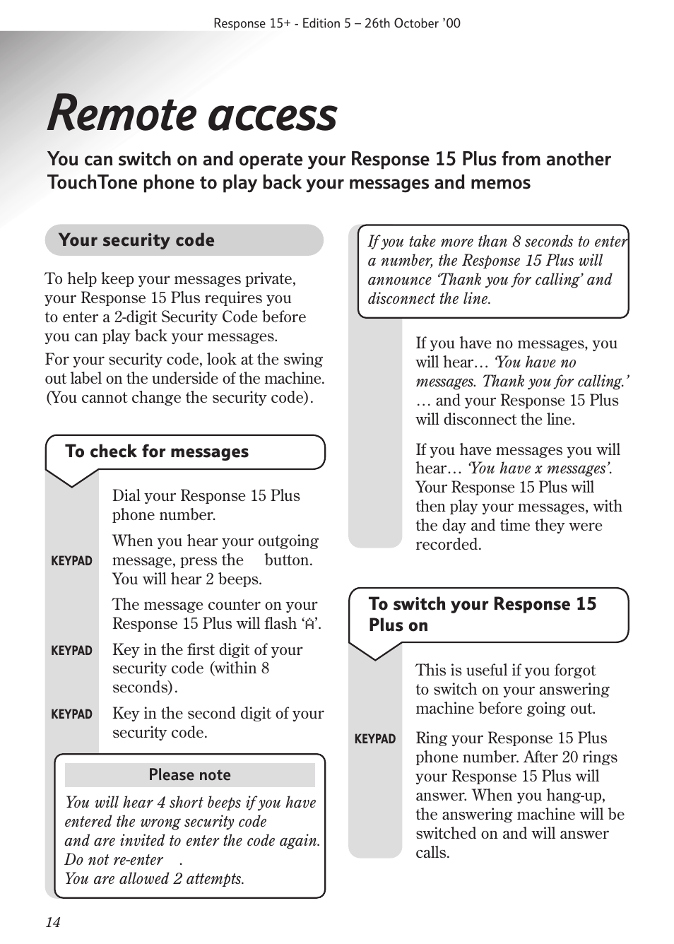 Remote access | BT Response 15+ User Manual | Page 16 / 26