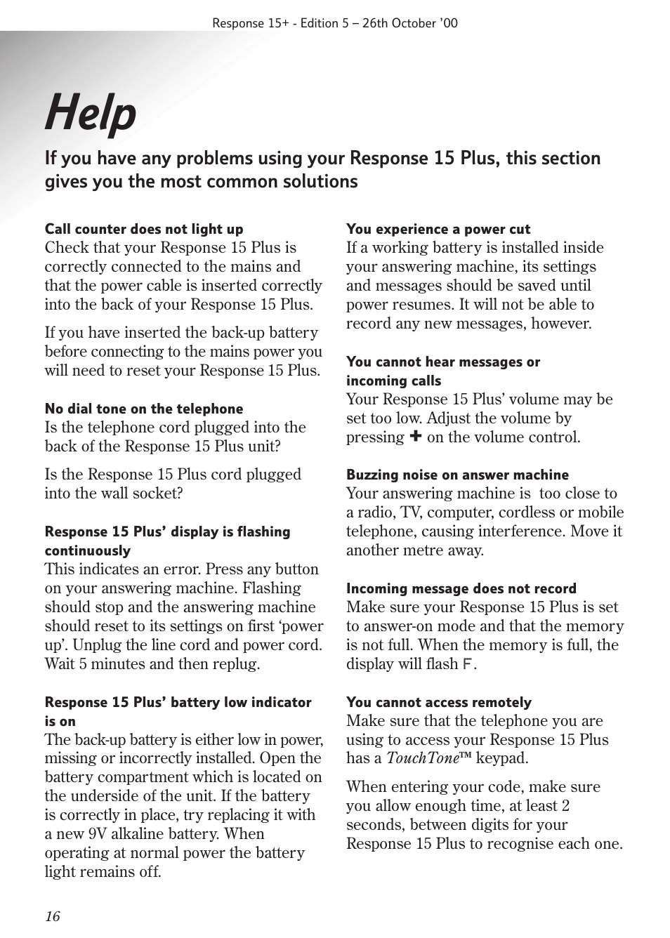 Help | BT Response 15+ User Manual | Page 18 / 26