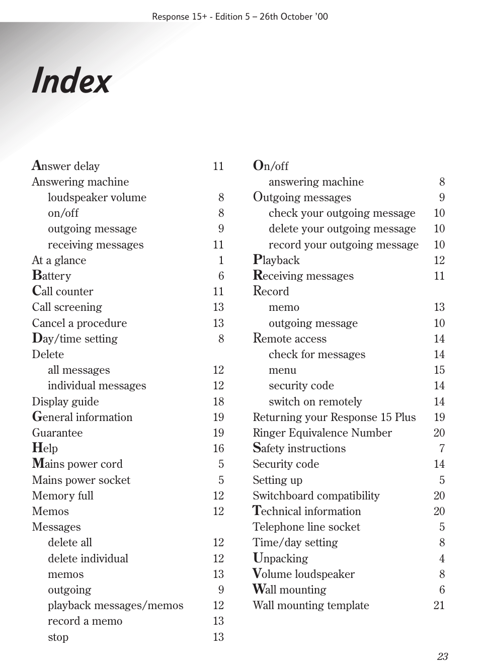 Index | BT Response 15+ User Manual | Page 25 / 26