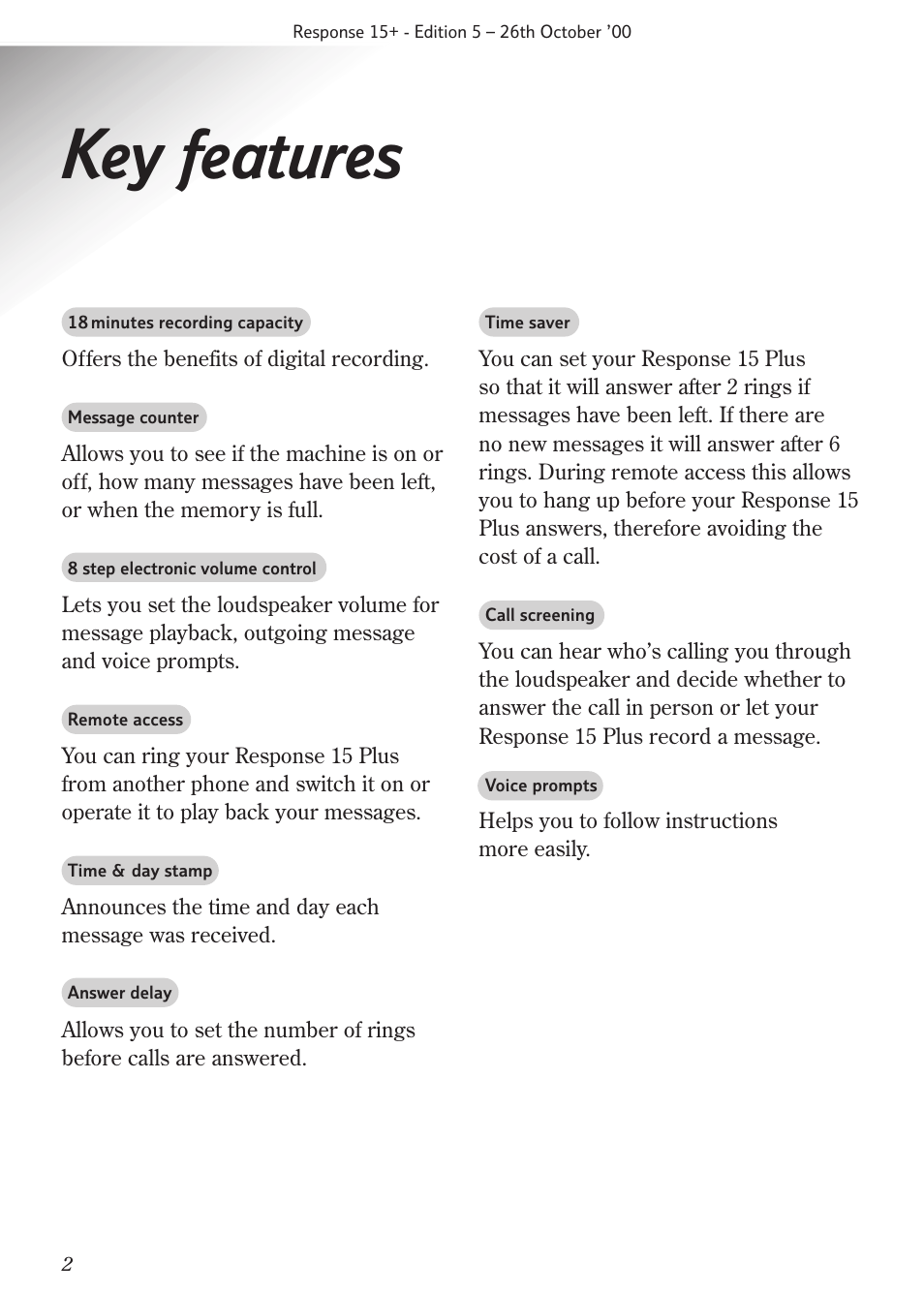 Key features | BT Response 15+ User Manual | Page 4 / 26