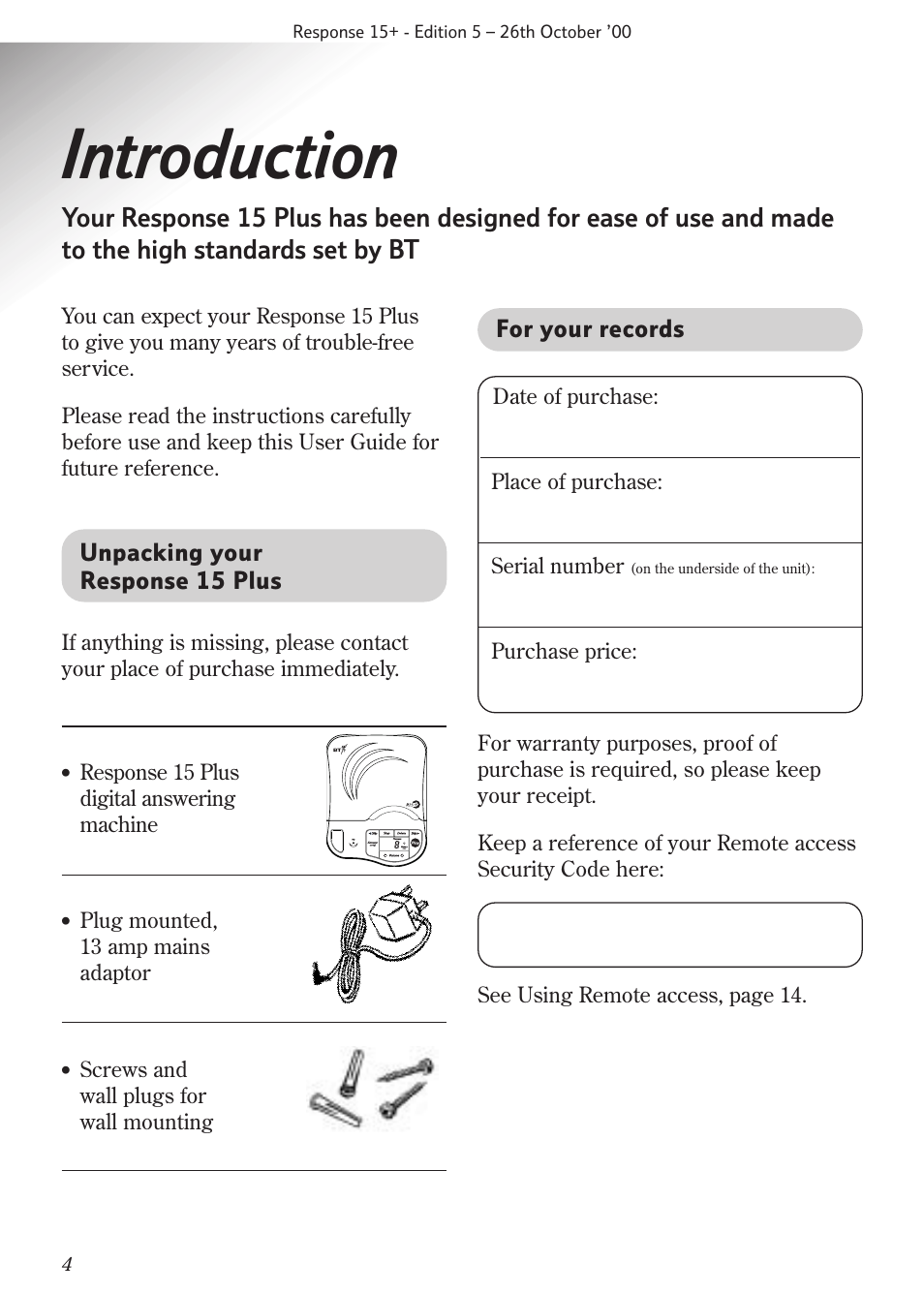 Introduction | BT Response 15+ User Manual | Page 6 / 26