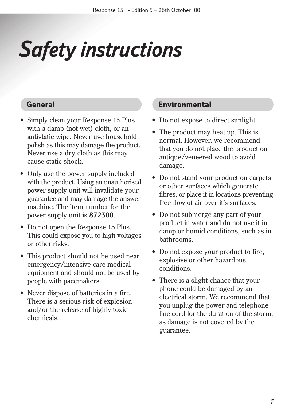 Safety instructions | BT Response 15+ User Manual | Page 9 / 26