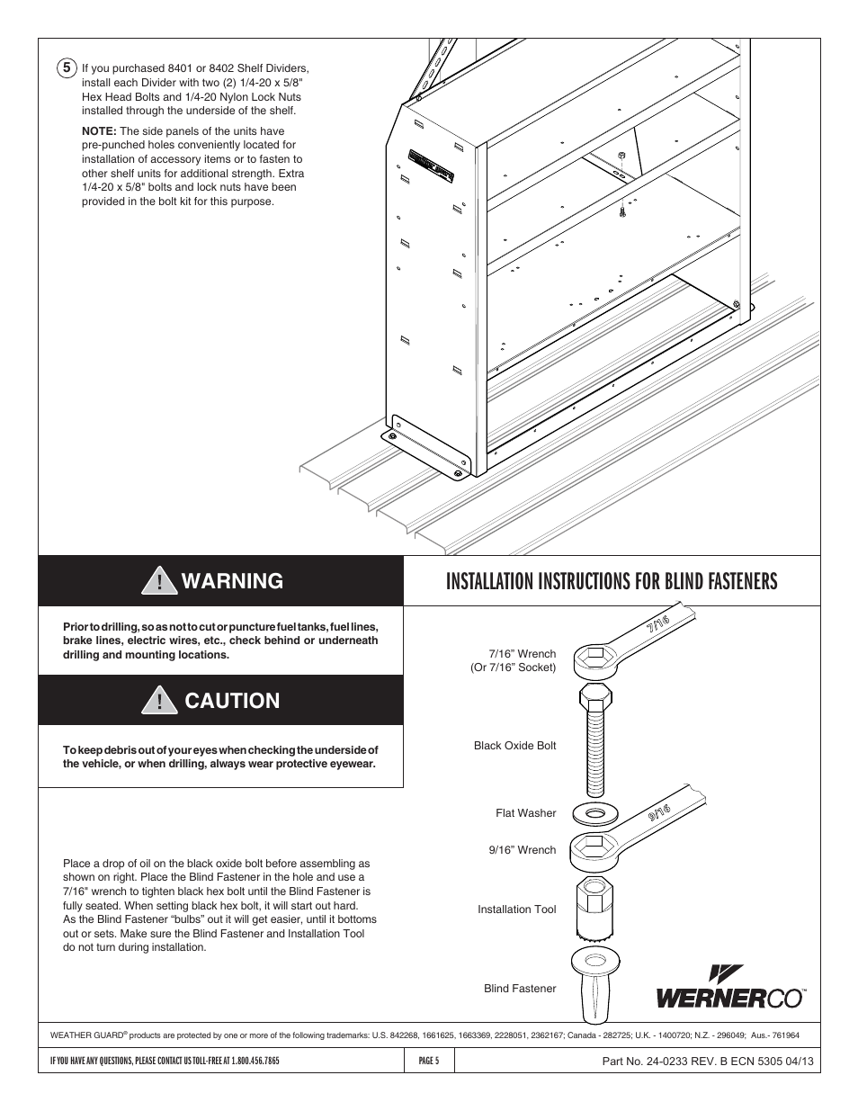 Installation instructions for blind fasteners, Warning caution | WEATHER GUARD Model 9452-3-01 EZ-Cube Shelf Unit, 42 in x 51 in x 14 in User Manual | Page 5 / 5