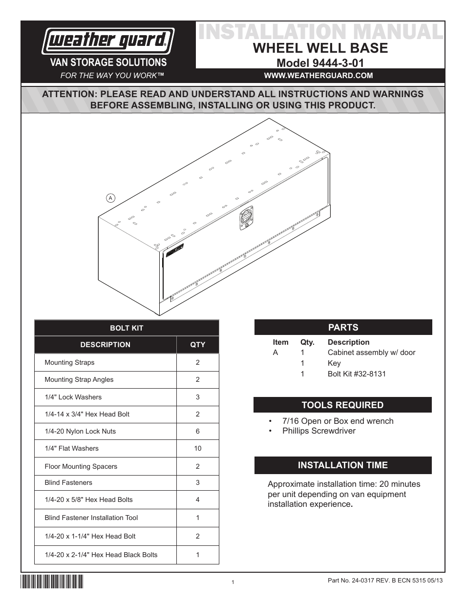 WEATHER GUARD Model 9444-3-01 Wheel Well Cabinet, 15 in x 42 in x 14 in User Manual | 12 pages