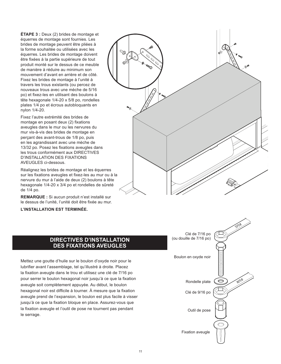 Directives d’installation des fixations aveugles | WEATHER GUARD Model 9444-3-01 Wheel Well Cabinet, 15 in x 42 in x 14 in User Manual | Page 11 / 12