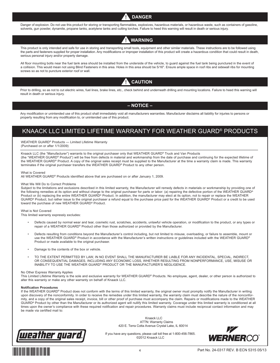 Products, Danger, Notice | Warning, Caution | WEATHER GUARD Model 9444-3-01 Wheel Well Cabinet, 15 in x 42 in x 14 in User Manual | Page 4 / 12