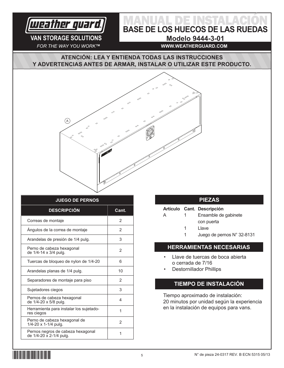 Manual de instalación, Base de los huecos de las ruedas, Van storage solutions | WEATHER GUARD Model 9444-3-01 Wheel Well Cabinet, 15 in x 42 in x 14 in User Manual | Page 5 / 12