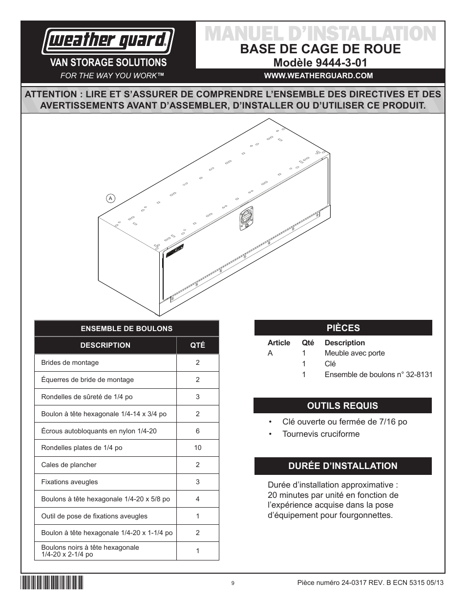 Manuel d’installation, Base de cage de roue, Van storage solutions | WEATHER GUARD Model 9444-3-01 Wheel Well Cabinet, 15 in x 42 in x 14 in User Manual | Page 9 / 12