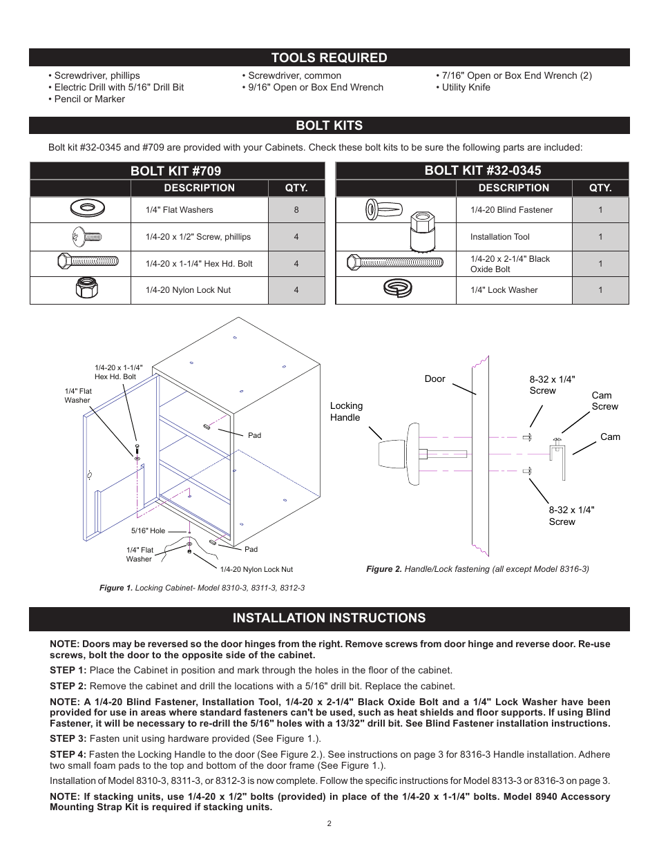 Installation instructions, Bolt kits, Tools required | WEATHER GUARD Model 8316-3 CATV Cabinet, 4 Shelf, 21 in x 20 in x 14 in User Manual | Page 2 / 4
