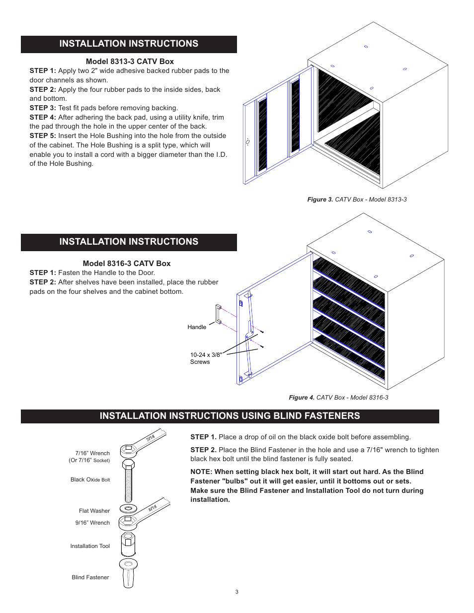 Installation instructions using blind fasteners, Installation instructions | WEATHER GUARD Model 8316-3 CATV Cabinet, 4 Shelf, 21 in x 20 in x 14 in User Manual | Page 3 / 4