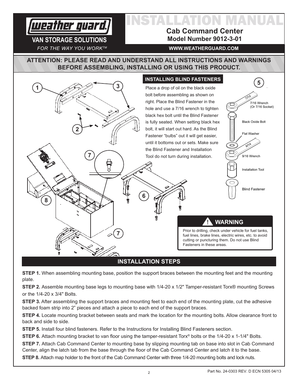 Installation manual, Cab command center, Van storage solutions | WEATHER GUARD Model 9012-3-01 Cab Command Center, 13 in User Manual | Page 2 / 9