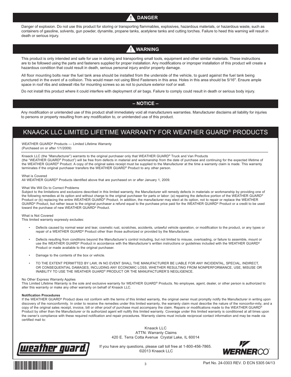 Products, Danger, Notice | Warning | WEATHER GUARD Model 9012-3-01 Cab Command Center, 13 in User Manual | Page 3 / 9
