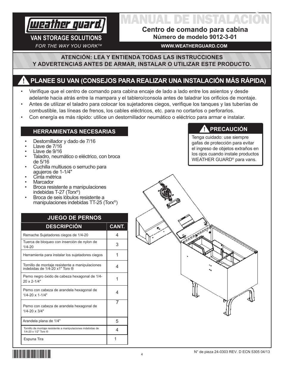 Manual de instalación, Centro de comando para cabina, Van storage solutions | WEATHER GUARD Model 9012-3-01 Cab Command Center, 13 in User Manual | Page 4 / 9