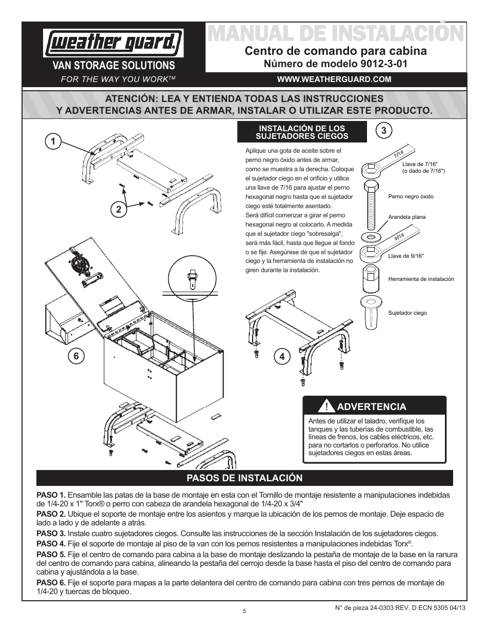 Manual de instalación, Centro de comando para cabina, Van storage solutions | WEATHER GUARD Model 9012-3-01 Cab Command Center, 13 in User Manual | Page 5 / 9