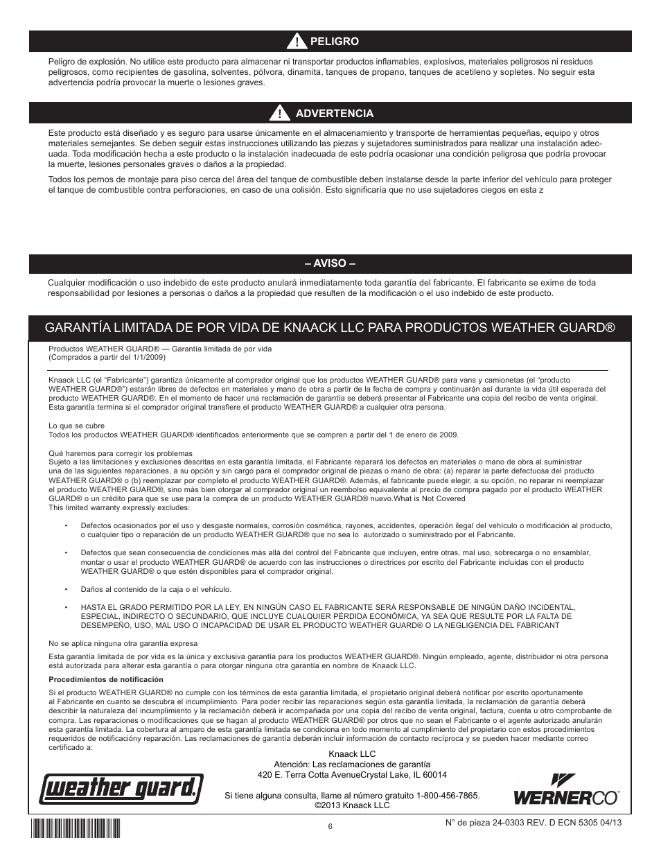 Peligro, Aviso, Advertencia | WEATHER GUARD Model 9012-3-01 Cab Command Center, 13 in User Manual | Page 6 / 9