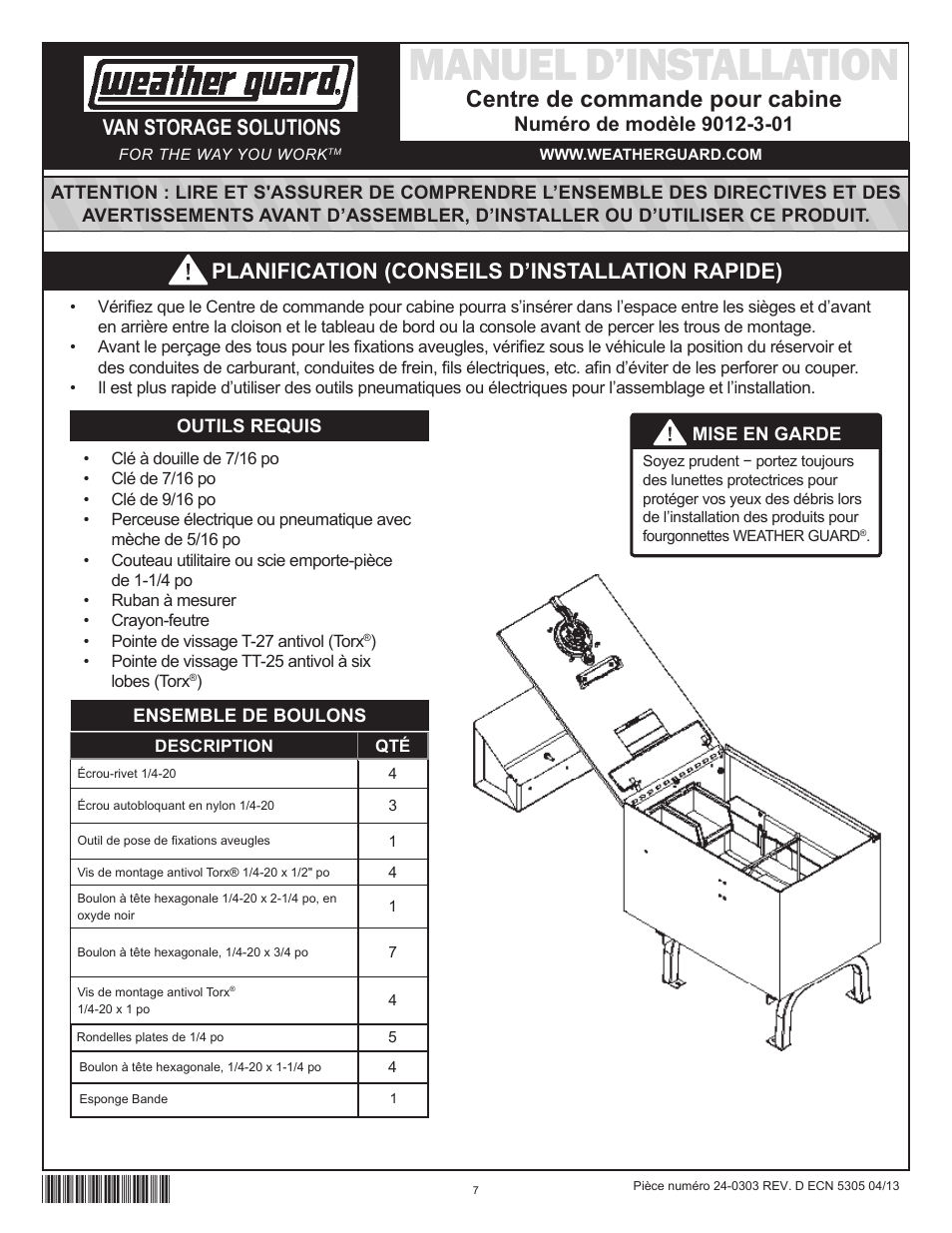 Manuel d’installation, Centre de commande pour cabine, Van storage solutions | Planification (conseils d’installation rapide) | WEATHER GUARD Model 9012-3-01 Cab Command Center, 13 in User Manual | Page 7 / 9