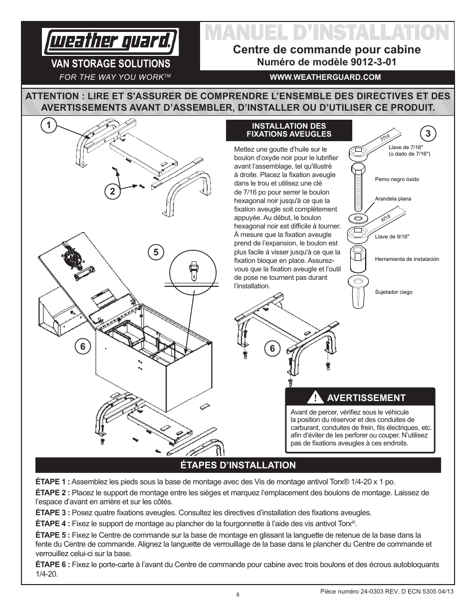 Manuel d’installation, Centre de commande pour cabine, Van storage solutions | WEATHER GUARD Model 9012-3-01 Cab Command Center, 13 in User Manual | Page 8 / 9