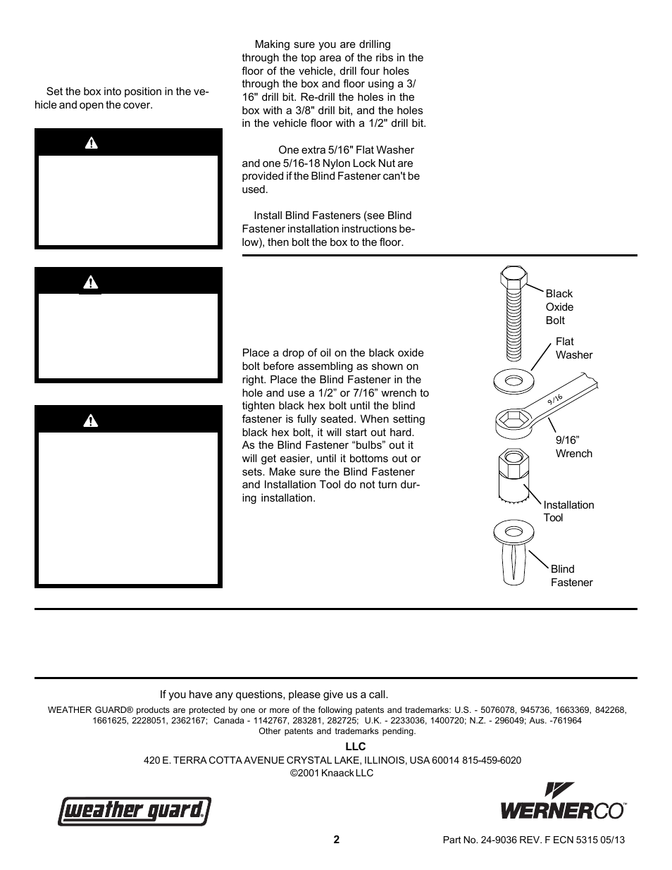 Caution, Warning | WEATHER GUARD Model 9036-3 Strong Box, 18-1/2 in x 19-1/2 in x 36-3/4 in User Manual | Page 2 / 2