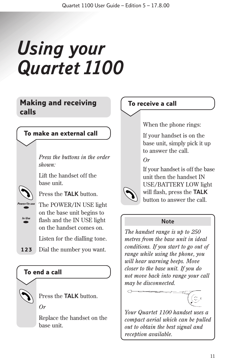 Using your quartet 1100, Making and receiving calls | BT 1100 User Manual | Page 13 / 32