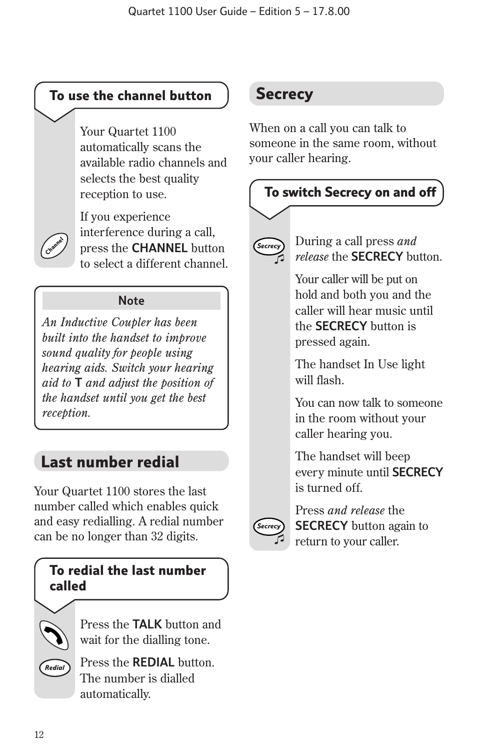 Secrecy, Last number redial | BT 1100 User Manual | Page 14 / 32