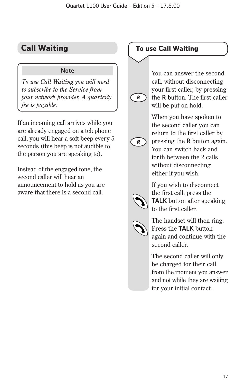 Call waiting | BT 1100 User Manual | Page 19 / 32