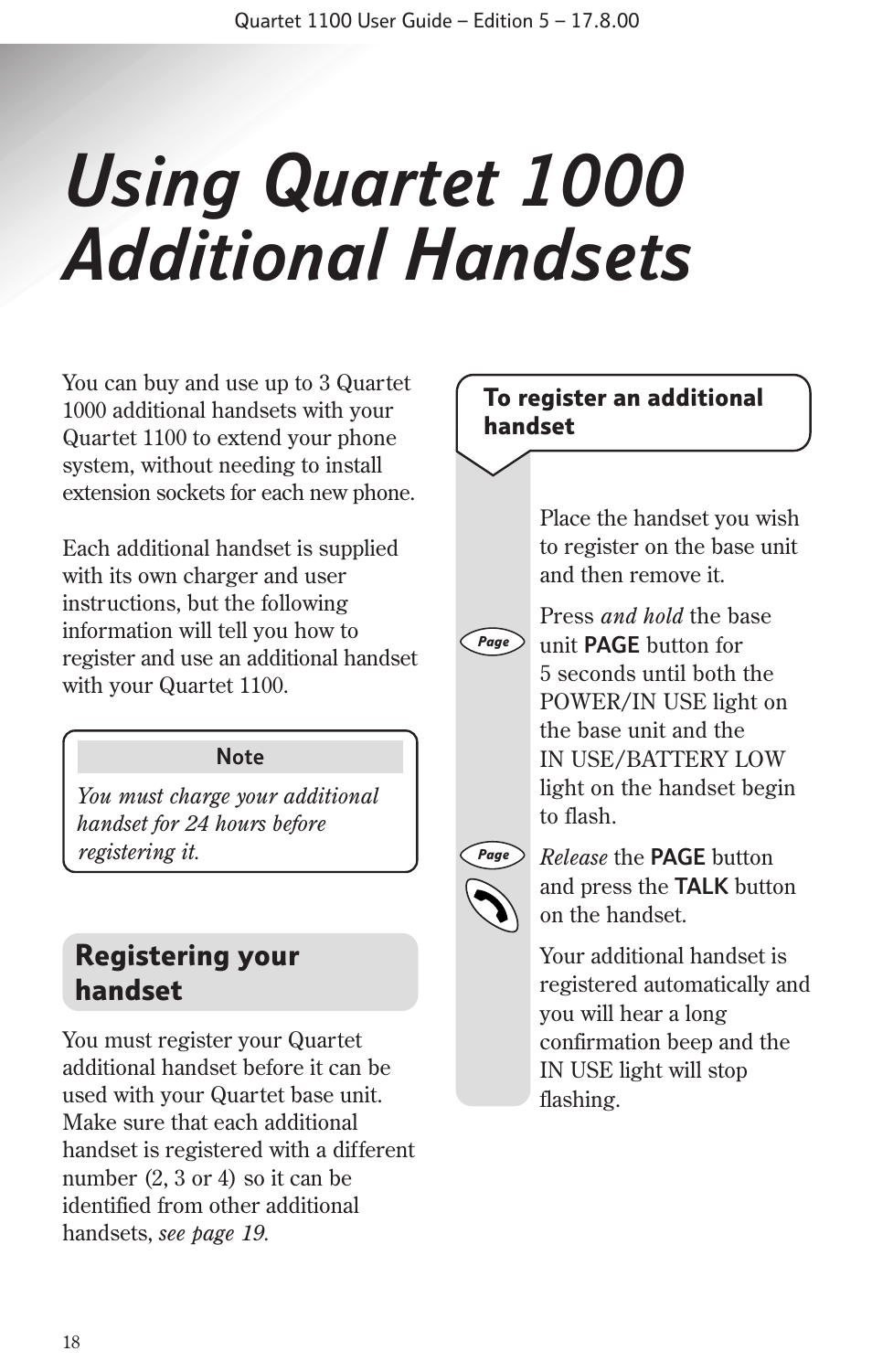 Using quartet 1000 additional handsets, Registering your handset | BT 1100 User Manual | Page 20 / 32